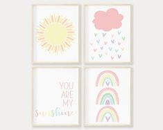 four colorful wall art prints with the words somewhere over the rainbow in pastel colors