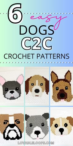 six dogs crochet patterns with the text 6 easy dog crochet patterns