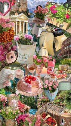 a collage of pictures with flowers, fruit and other things in them that are all over the place