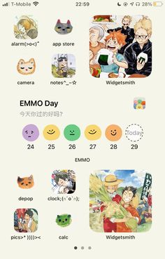 an iphone screen showing the emo day theme and other emotication messages in different languages