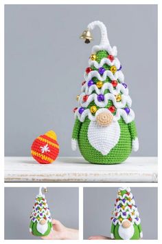 crochet christmas tree ornament with bell and bells in green, white, red, yellow and purple