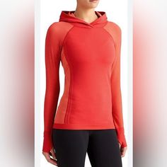 Athleta Neothermal Hoodie *Nwt* Size M Red/Orange Orange Hooded Sweatshirt For Sports, Orange Long Sleeve Sporty Hoodie, Sporty Orange Hooded Sweatshirt, Orange Hooded Windbreaker With Pockets, Nike Half Zip, Orange Hooded Nylon Outerwear, Victoria Secret Hoodies, Harley Davidson Women, Half Zip Hoodie