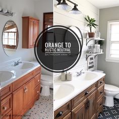 two pictures of a bathroom with wood cabinets and tile flooring, one is white and the other is brown