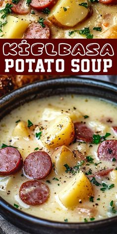 this is a close up view of a bowl of potato soup with sausage and potatoes