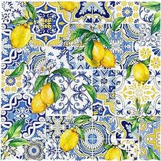 a blue and yellow tile with lemons on it