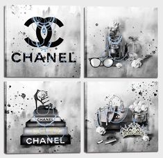 black and white art with chanel, chanel glasses, chanel logo on it