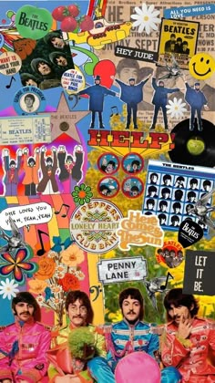 the beatles collage is shown with many stickers on it, including an image of them