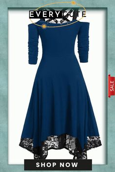 Gothic High Waist Ruffle A-line Dresses with Shoulder Bandage Fall A-line Dress With Lace Trim, Blue Lace Trim Dress For Fall, Long T, Ruffles, A Line Dress, High Waisted, Dresses