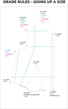 the front and back side of a sewing pattern with measurements for each piece, including all sizes