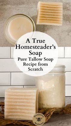 This pure tallow soap recipe uses only 100% tallow as the oil ingredient. Grass fed tallow fans will love this pure tallow soap recipe. It’s very easy, so it’s perfect for anyone wanting to learn how to make soap from scratch. It's super gentle, with rich, creamy lather. Great for the most sensitive skin! How to make pure tallow soap recipe for DIY skincare and natural bath and body recipes using essential oils, or unscented. How To Make Your Own Soap Diy, Lamb Tallow Soap, How To Make All Natural Soap, Tallow Candle Recipe, Beef Tallow Shampoo Bar, Liquid Tallow Soap Recipe, Diy Tallow Dish Soap, How To Make Tallow Soap, Tallow Body Scrub