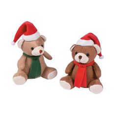 two teddy bears wearing christmas hats and scarves, one is brown and the other is tan