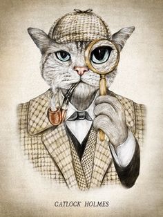 a drawing of a cat wearing a suit and holding a magnifying glass in it's mouth