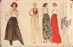 three women's skirts and one woman's blouse are shown in this sewing pattern