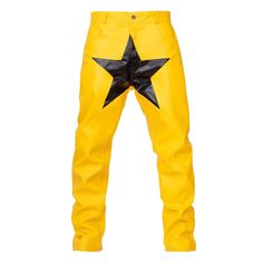 Yellow Starboy Leather Pants Mens Black Straight Leg Pants With Star Print, Straight Leg Star Print Pants For Streetwear, Straight Leg Pants With Star Print For Streetwear, Straight Leg Star Print Bottoms For Streetwear, Trendy Black Star Print Pants, Trendy Black Pants With Star Print, Cosmic Dance, Mens Leather Pants, Yellow Pants