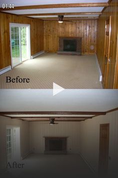 before and after photos of a living room with wood paneling on the walls, carpeted floor and fireplace