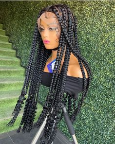 Box braids on a full lace wig All our braided wigs are handmade wigs, carefully hand-picked and crafted by selected professional braiders. We bleach the knots for a very realistic look. We provide babyhair in all our wigs, if you do not need it, you can take it off or add note to that effect. All our wigs comes with the big elastic band, our full lace wigs comes with the adjustable straps and combs and can be put in a Ponytail. Our frontal comes with a breathable cap and elastic band for extra g Box Braids Wigs Lace, Braided Hairstyles Wigs, Lace Braided Wigs, Braided Wigs For Black Women Lace, Braided Wig Styles, Braid Lace Front Wigs, Drop Braids, Braid Wigs For Black Women, Full Lace Braided Wig