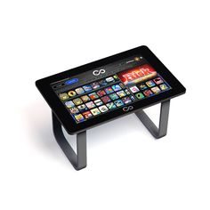 a tablet sitting on top of a metal stand with an app on it's screen