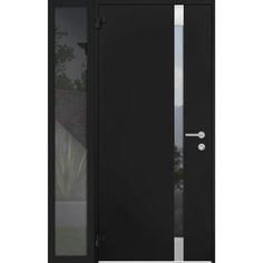 the front door is black and has two glass panels on one side, and an aluminum frame