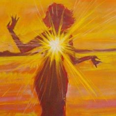 a painting of a person standing in the water with his arms outstretched and sun shining behind him