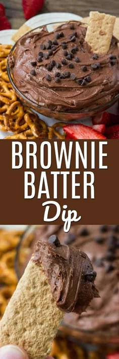 a person holding up a piece of brownie batter dip with chocolate chips on top