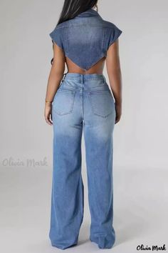 Olivia Mark - Premium High-Waisted Distressed Denim Jeans for a Casual Chic Look Light Wash Cropped Denim Bottoms, Fitted Cutoff Casual Jeans, Ripped Cropped Denim Bottoms, Casual Fitted Cutoff Jeans, Solid Denim Bottoms, Washed, Solid Washed Denim Bottoms, Solid Color Washed Denim Bottoms, Light Wash Stretch Cropped Bottoms, Medium Wash Cropped Fitted Jeans