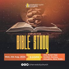 the bible study flyer with hands folded over an open book