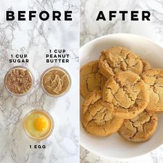 the before and after pictures show how to make peanut butter cookies