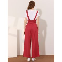 Show your casual laid-back vibes in this cute straight-fit overall jumpsuit. This woven overall jumpsuit features a low square neckline, shoulder straps, a partial button-front placket, a removable self-tie at the waist, a wide leg, and a relaxed silhouette. Soft fabric makes this overall jumpsuit comfortable to wear. It makes you beautiful with fashion and classic design and makes you stand out in the crowd. This loose-fit overall jumpsuit suit is for most ladies, you can pair it with a T-shirt Casual Red Jumpsuits And Rompers For Work, Trendy Overalls With Adjustable Straps, Trendy Jumpsuit With Adjustable Straps And Bib Front, Trendy Jumpsuits With Adjustable Straps And Bib Front, Casual Wide Leg Jumpsuits And Rompers With Button Closure, Casual Red Solid Color Jumpsuits And Rompers, Casual Wide-leg Jumpsuits And Rompers With Button Closure, Summer Wide Leg Jumpsuit With Button Closure, Casual Red Jumpsuits And Rompers