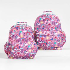 Rainy Rainbows Large Kids Backpack | Crate & Kids Back To School Pink Waterproof Backpack, Playful Pink Backpack For Outdoor Activities, Rainbow-colored Standard Backpack For School, Rainbow School Backpack, Rainbow Colored School Backpack, Playful Rainbow School Bag, Rainbow Standard School Backpack, Rainbow Backpack, Books School