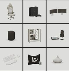 several different types of furniture and accessories arranged on a gridded image with black and white accents