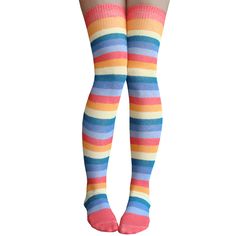 Tropical Rainbow Striped over the knee socks in salmon, tangerine, dandelion, teal,  azure and periwinkle.  Made in USA Chrissy’s Socks 877-862-6267 Fun Multicolor Summer Socks, Fun Multicolor Socks For Spring, Fun Multicolor Spring Socks, Casual Summer Stretch Stockings, Stretch Casual Summer Stockings, Casual Stretch Stockings For Summer, Fitted Casual Summer Stockings, Stretch Casual Stockings For Summer, Fun Multicolor Stretch Socks