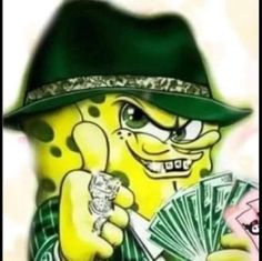 a man in a green hat holding money and playing cards