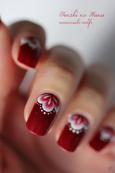 floral moon nail art Red Nail Art Designs, Red Nail Art, Floral Nails