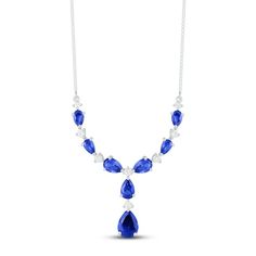 This elegant necklace for her showcases an alternating design comprised of pear-shaped blue lab-created sapphires and sparkling round white lab-created sapphires. The 16.65-inch sterling silver necklace features a box chain that secures with a lobster clasp. Blue Pear-shaped Cubic Zirconia Necklace, Blue Pear-shaped Sapphire Necklace, Blue Sterling Silver Pear-shaped Necklace, Sapphire Pear-shaped Necklace For Anniversary, Blue Lab-created Sapphire Necklace, Formal Sapphire Pear-shaped Necklaces, Classic Blue Pear-shaped Necklace, Formal Pear-shaped Sapphire Necklace, Classic Blue Cubic Zirconia Necklaces