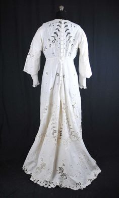 EDWARDIAN CUTWORK WHITEWORK LINEN DRESS, 1912 | eBay White Broderie Anglaise Regency Dress, Elegant Chikankari Embroidery Day Dress, White Regency Broderie Anglaise Dresses, Elegant Daywear Dress With Chikankari Embroidery, Elegant Chikankari Embroidery Dresses For Daywear, White Regency Style Broderie Anglaise Dresses, Cutwork Dresses For Wedding, Elegant Cutwork Wedding Dress, Wedding Dresses With Cutwork