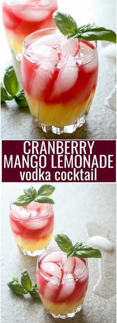 cranberry mango lemonade vodka cocktail in glasses with mint garnishes