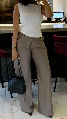 Young Professional Outfits Casual, Brown Wide Leg Pants, Corporate Girlie, Russian Salad, Office Ootd, Girl Money, Corporate Attire