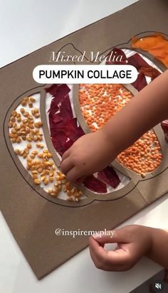 a child is making a pumpkin collage out of cereal