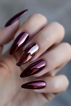 Nail Designs Wine Color, Metallic Halloween Nails, Glam Fall Nails, Fall Nails On Dark Skin, Fall Nail Designs Burgundy, Fall Chrome Nails 2024, Purple Nude Nails, Autumn Color Nails, Wine Chrome Nails