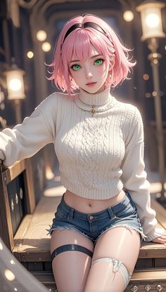 a woman with pink hair and green eyes sitting on top of a wooden bench wearing short shorts