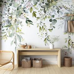 the wallpaper in this room is painted with flowers and leaves