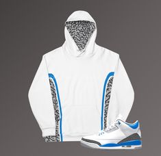 This comfy Jordan 3 Retro 'Racer Blue' unisex hoodie has a soft outside with a vibrant print, and an even softer brushed fleece inside. The hoodie has a relaxed fit, and it's perfect for wrapping yourself into on a chilly evening. It's comfortable and flattering for both men and women. This design is perfect for sneakerheads everywhere!  * 70% polyester, 27% cotton, 3% elastane * Fabric weight: 8.85 oz/yd² (300 g/m²) * Soft cotton-feel fabric face * Brushed fleece fabric inside * Double-lined ho White Moisture-wicking Fleece Hoodie, Blue Moisture-wicking Hoodie For Streetwear, Blue Moisture-wicking Sweatshirt For Streetwear, Blue Moisture-wicking Hoodie Sweatshirt, Jordan 3 Racer Blue, Jordan 4 Fire Red, Jordan 3 Retro, Lucky Green, Shoe Display