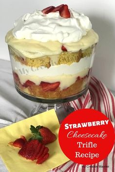 strawberry cheesecake trifle recipe in a glass dish