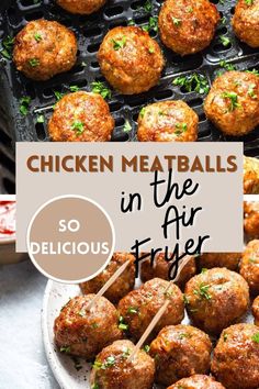 chicken meatballs in the air fryer with text overlay