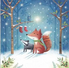 a fox and a raccoon are sitting in the snow near trees with stockings on them