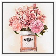 a painting of pink flowers in a glass vase with the words coco de france written on it