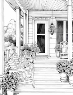 a black and white drawing of a porch with chairs, potted plants and flowers