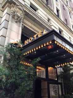 the marquee is lit up with lights and trees in front of an old building