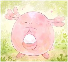 an illustration of a pink animal with its eyes closed and nose wide open, sitting in the grass