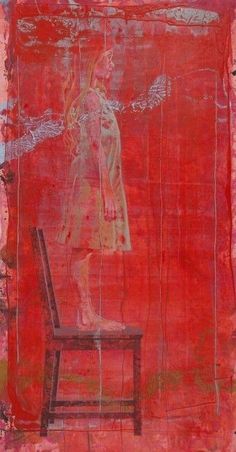 an abstract painting of a woman sitting on a chair in front of a red wall